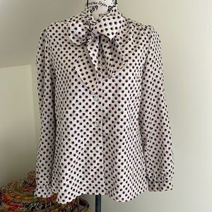 Vintage Beige and Navy Polka Dot Buttondown Bow Blouse EUC SZ M